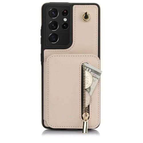 Estuche para Teléfono Samsung Galaxy S21 Ultra 5G Ym006 con Bolsa para Tarjetas y Cremallera con Cordón Doble (Albaricoque)