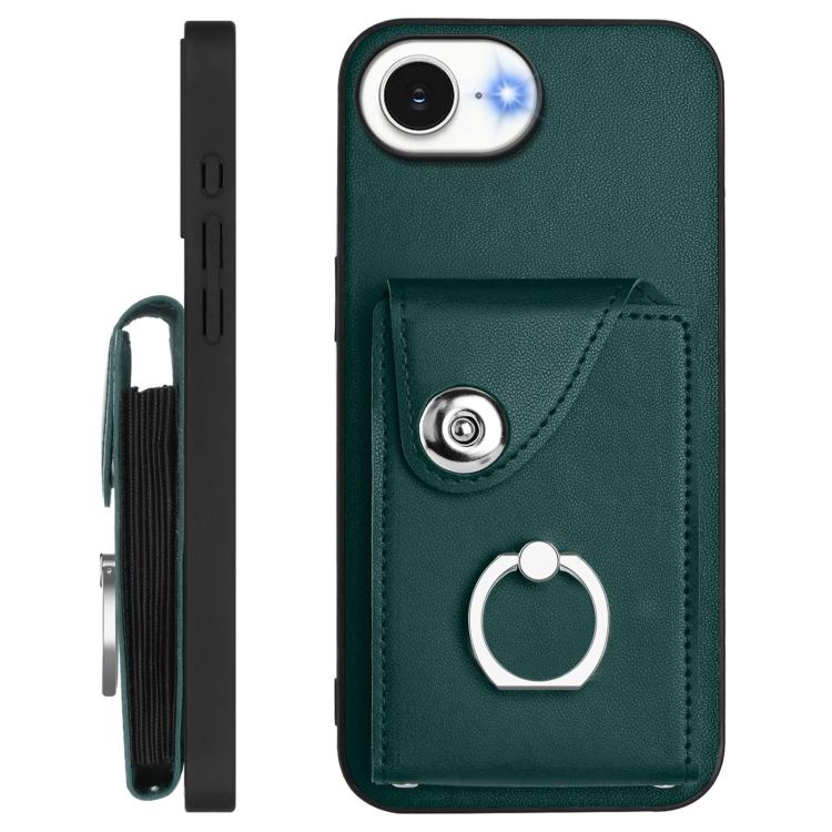 Funda para iPhone 16e con tarjetero, anilla y cordón largo (verde)
