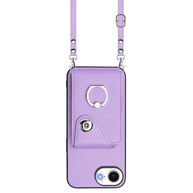 Funda para iPhone 16e con tarjetero, anillo y cordón largo (morado)