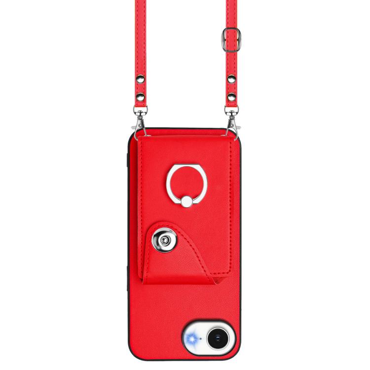 Funda para iPhone 16e con tarjetero, anilla y cordón largo (roja)