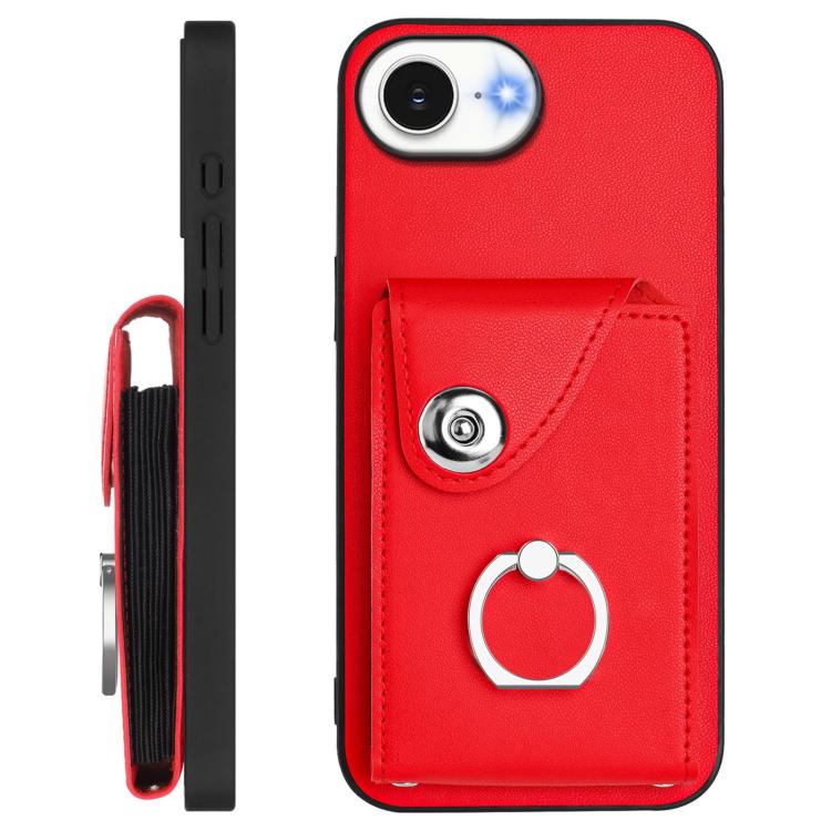 Funda para iPhone 16e con tarjetero, anilla y cordón largo (roja)