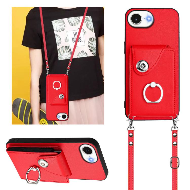 Funda para iPhone 16e con tarjetero, anilla y cordón largo (roja)