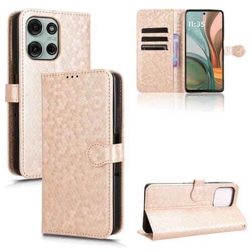 Funda de Cuero Motorola Moto G75 5G con Textura de Puntos en Panal (Dorada)