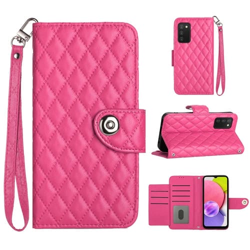 Funda para Teléfono Samsung Galaxy A03S Cuero con Tapa Textura Rómbica Cordón (Rojo Rosa)
