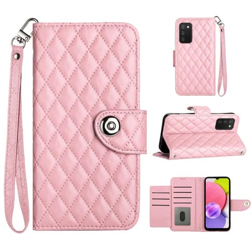 Funda para Teléfono Samsung Galaxy A03S Cuero con Tapa Textura Rómbica con Cordón (Rosa)