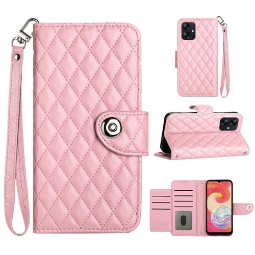 Funda de Cuero Samsung Galaxy A04E con Tapa Textura Rómbica y Cordón (Rosa)