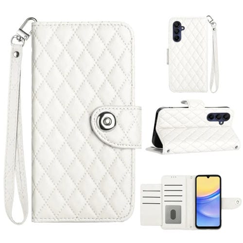 Funda de Cuero para Samsung Galaxy A05S con Tapa Textura Rómbica y Cordón (Blanco)