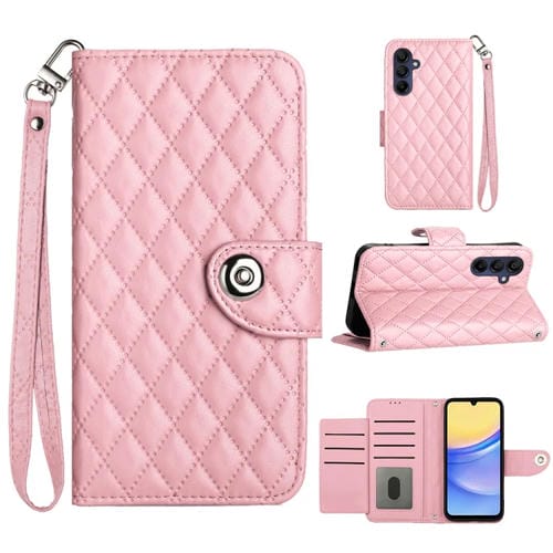 Funda de Cuero para Samsung Galaxy A15 5G con Tapa Textura Romboidal y Cordón (Rosa)