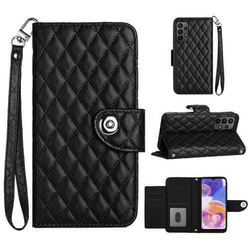 Funda para Teléfono Samsung Galaxy A52 4G 5G con Tapa de Cuero Textura Rómbica y Cordón (Negro)