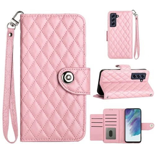 Funda de Cuero para Samsung Galaxy S21 FE 5G con Tapa Textura Romboidal y Cordón (Rosa)