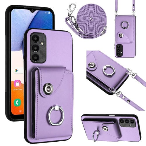 Funda para Teléfono Samsung Galaxy A24 4G con Soporte para Anillo Bolsa para Tarjeta y Cordón Largo (Púrpura)