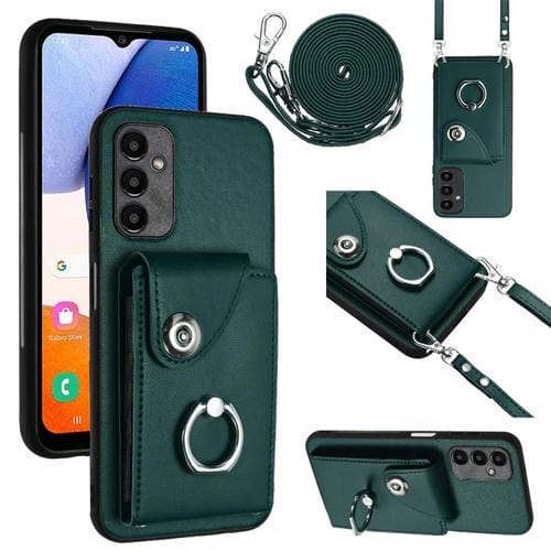 Funda para Teléfono Samsung Galaxy A34 5G con Soporte para Anillo y Bolsa para Tarjeta con Cordón Largo (Verde)