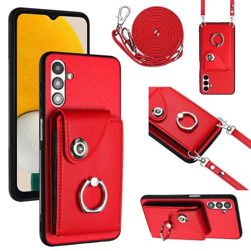 Funda para Teléfono Samsung Galaxy A13 5G A04S con Soporte para Anillo y Bolsa para Tarjeta con Cordón Largo (Rojo)