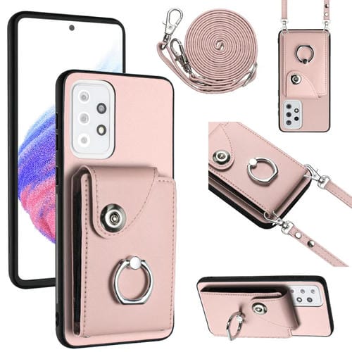 Funda para Teléfono Samsung Galaxy A33 5G con Soporte para Anillo y Bolsa para Tarjeta con Cordón Largo (Rosa)