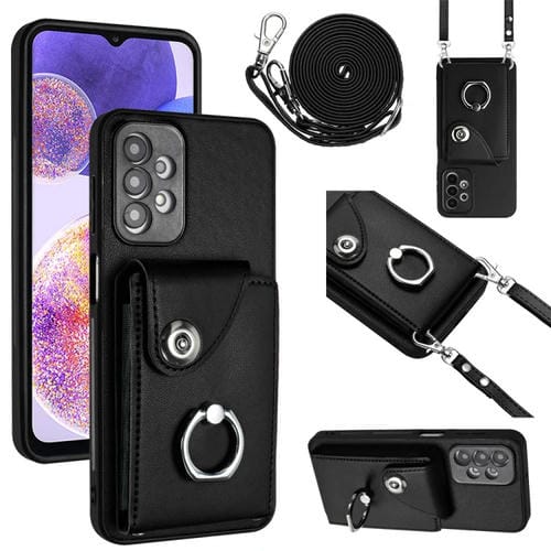 Funda para Teléfono Samsung Galaxy A13 4G con Soporte para Anillo y Bolsa para Tarjeta con Cordón Largo (Negro)