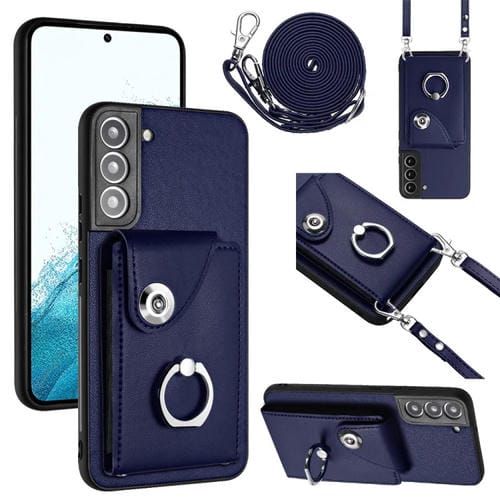 Funda para Teléfono Samsung Galaxy S22 + 5G con Soporte para Anillo y Bolsa para Tarjeta con Cordón Largo (Azul)