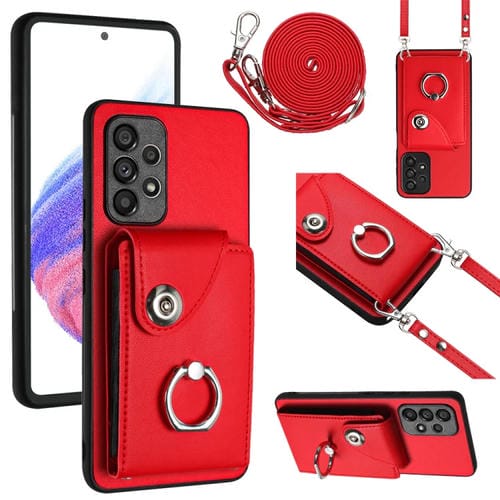 Funda para Teléfono Samsung Galaxy A52 5G con Soporte para Anillo y Bolsa para Tarjeta con Cordón Largo (Rojo)