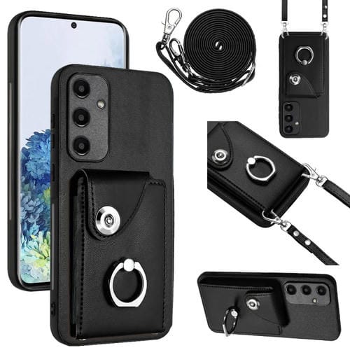 Funda para Teléfono Samsung Galaxy A35 con Soporte para Anillo y Bolsa para Tarjeta con Cordón Largo (Negro)