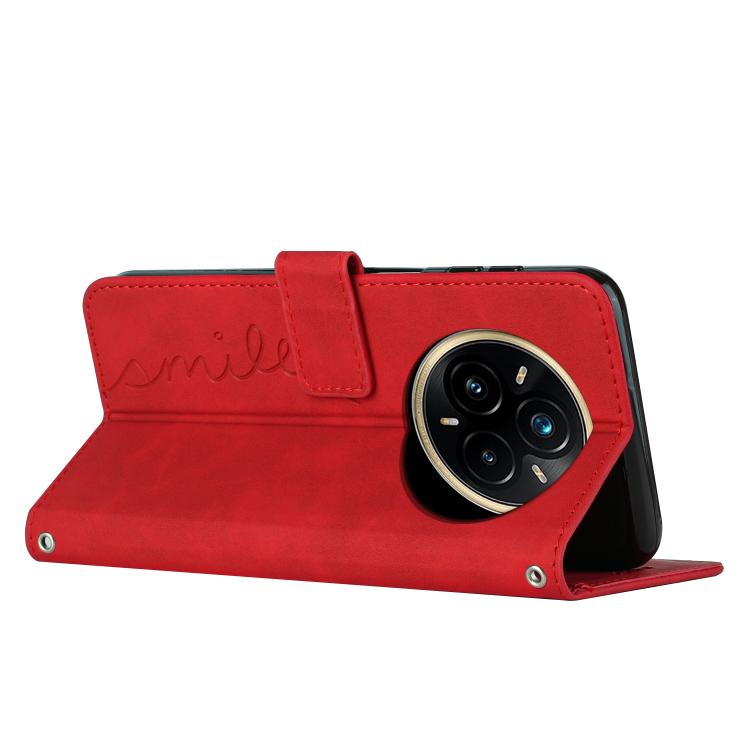 Funda de Cuero con Relieve de Corazón para Realme 14 Pro con Cordón Largo (Roja)