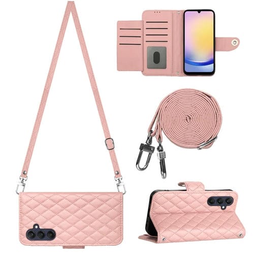 Funda de Cuero para Samsung Galaxy A35 con Tapa Textura Rómbica y Cordón Largo (Rosa Coral)