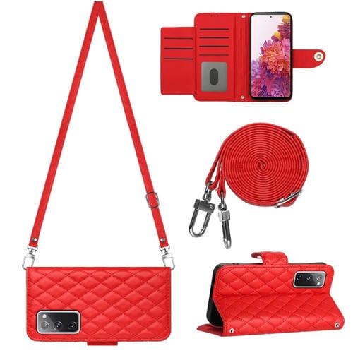 Estuche para Teléfono Samsung Galaxy S20 FE con Tapa de Cuero Textura Rómbica y Cordón Largo (Rojo)