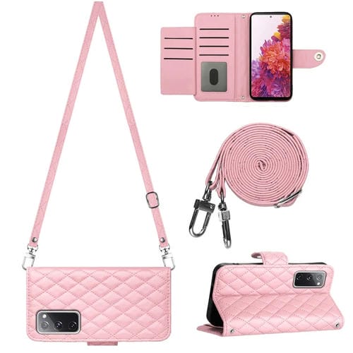Funda para Teléfono Samsung Galaxy S20 FE con Tapa de Cuero Textura Rómbica y Cordón Largo (Rosa)