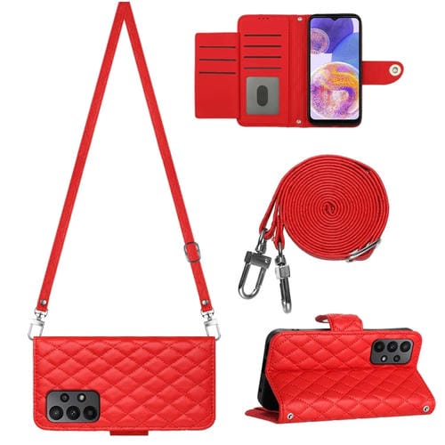 Funda para teléfono Samsung Galaxy A53 5G con tapa de cuero textura rómbica y cordón largo (Rojo)