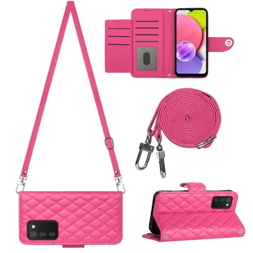 Funda de Cuero Samsung Galaxy A03S Eu con Tapa Textura Rómbica y Cordón Largo (Rojo Rosa)