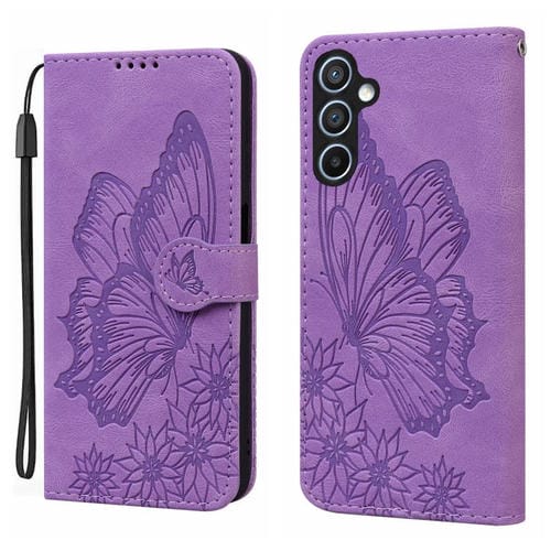 Funda de cuero con tapa horizontal y diseño retro de mariposas en relieve para Samsung Galaxy A17 5G / A26 5G (morado)