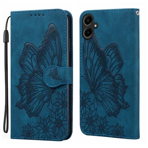 Funda de cuero con tapa horizontal y diseño retro de mariposas en relieve para Samsung Galaxy A07 4G/A06 4G (azul)