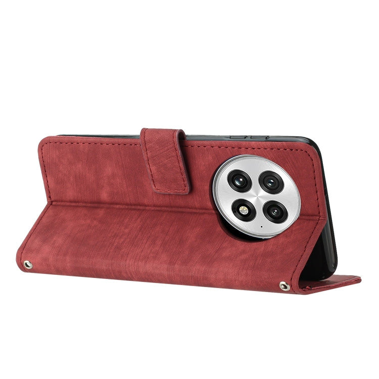 Funda de Cuero con Diseño de Rayas y Tacto de Piel para OnePlus 13 con Cordón (Rojo)
