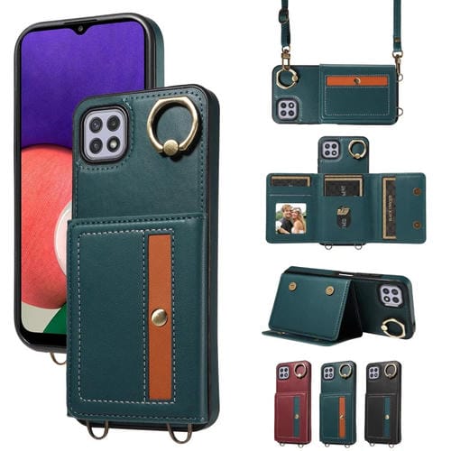 Funda Tipo Billetera Cruzada para Samsung Galaxy A22 5G con Soporte para Anillo Funda de Cuero (Verde)