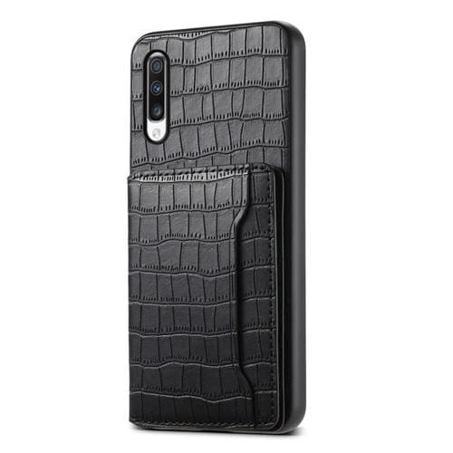 Estuche para Teléfono Samsung Galaxy A70 con Diseño de Bolsa para Tarjetas con Textura de Cocodrilo (Negro)