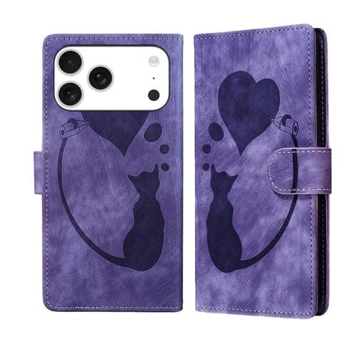 Funda de cuero con relieve de gato y corazón para iPhone 17 Pro Max (morado)