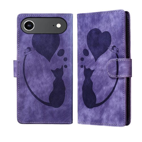 Funda de piel con relieve de gato y corazón para iPhone 17 Air Pen (morado)
