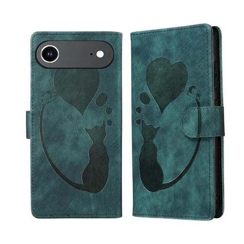 Funda de piel con relieve de gato y corazón para iPhone 17 Air Pen (verde)