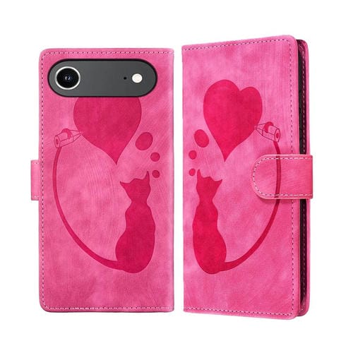 Funda de piel con relieve de gato y corazón para iPhone 17 Air Pen (rosa)
