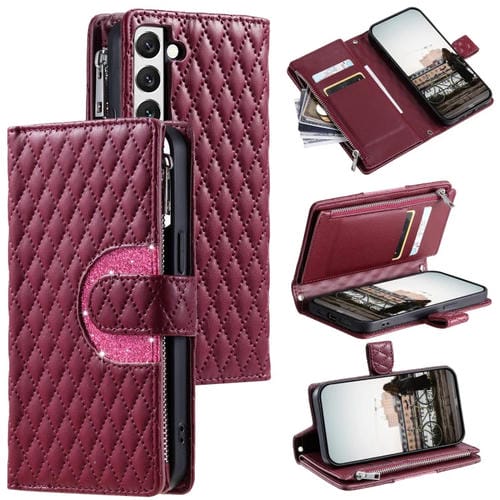 Estuche de Cuero Samsung Galaxy S22 + 5G con Billetera, Cremallera y Celosía con Purpurina (Rojo Vino)