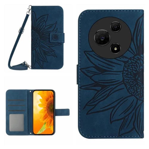 Funda de piel con tapa y cordón para TCL 60 SE / 605, con diseño de girasol en relieve y tacto suave (azul tinta)