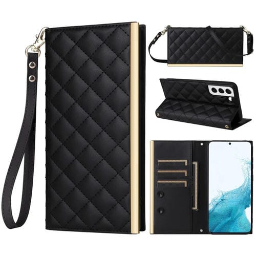 Estuche Cruzado de Cuero para Samsung Galaxy S22 + 5G con Ventosa Romboidal (Negro)
