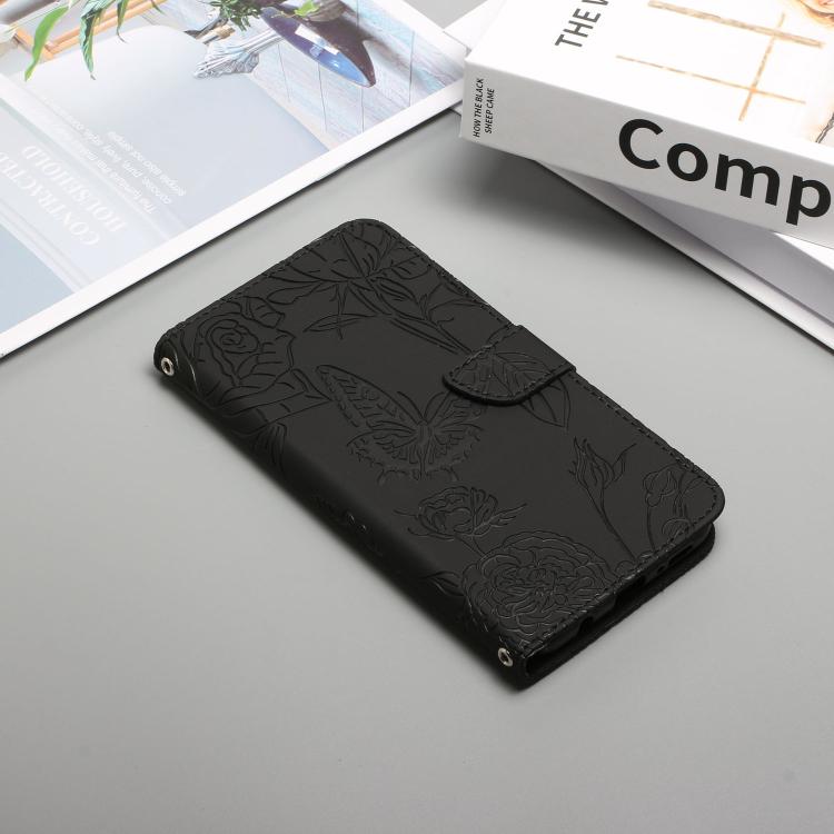 Funda de cuero con tapa y diseño de mariposas en relieve para TCL 60 SE / 605 HT03 (negra)