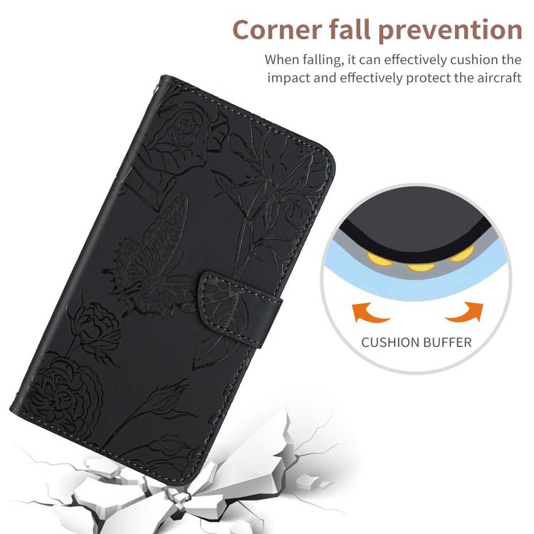Funda de cuero con tapa y diseño de mariposas en relieve para TCL 60 SE / 605 HT03 (negra)