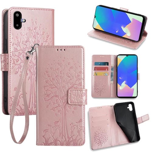 Funda de piel con relieve de árbol y ciervo para Samsung Galaxy F06 5G (oro rosa)