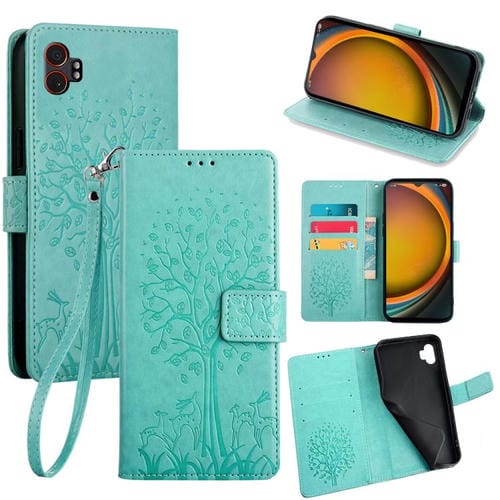 Funda de piel con relieve de árbol y ciervo para Samsung Galaxy XCover 7 Pro 5G (verde)