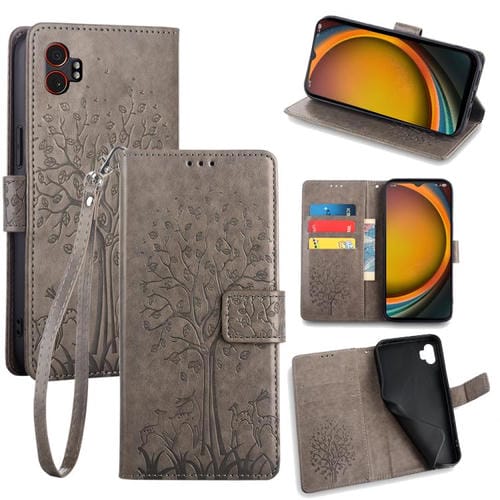 Funda de piel con relieve de árbol y ciervo para Samsung Galaxy XCover 7 Pro 5G (gris)