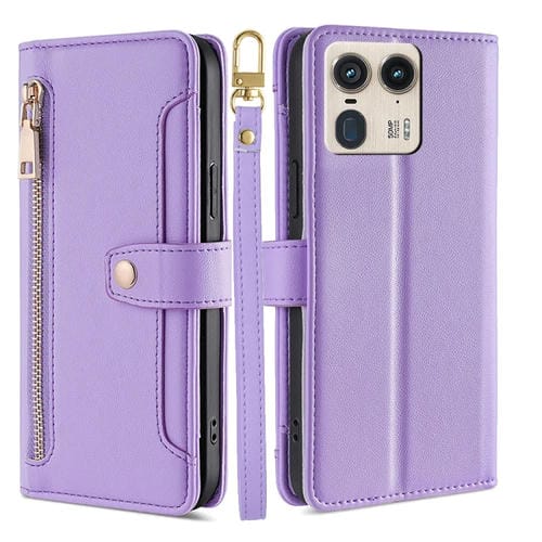 Funda de Cuero Tipo Billetera con Cremallera y Textura de Oveja para Motorola Edge 50 Ultra (Morado)