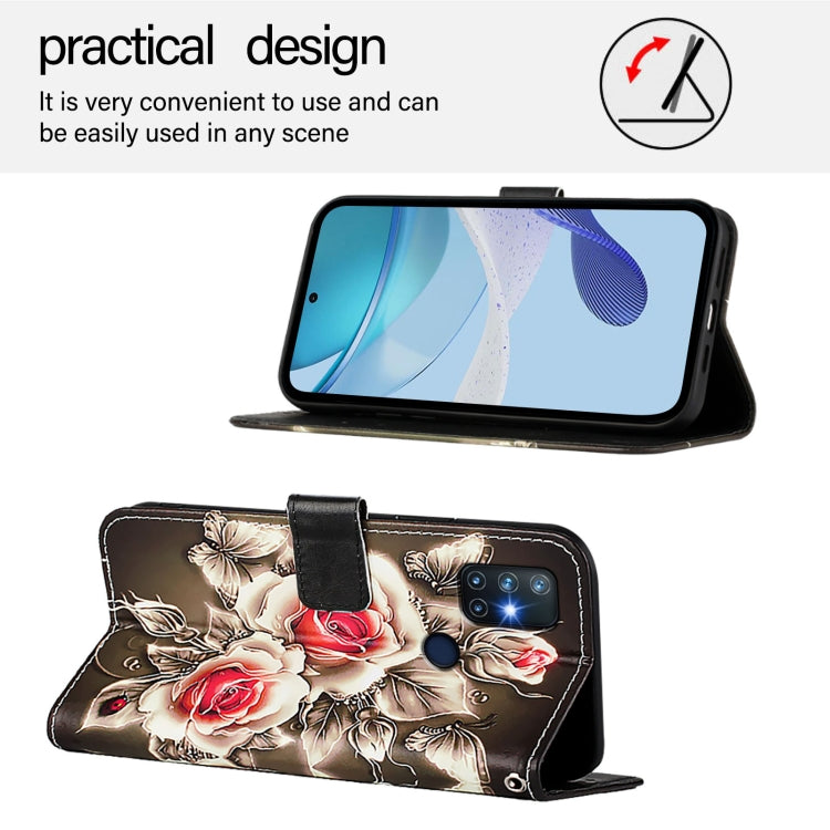 Funda de Cuero para OnePlus Nord N10 5G con Patrón de Dibujo de Colores (Rosas Sobre Negro)