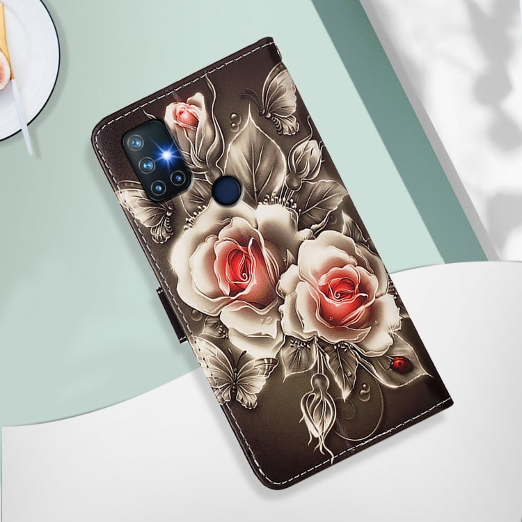 Funda de Cuero para OnePlus Nord N10 5G con Patrón de Dibujo de Colores (Rosas Sobre Negro)