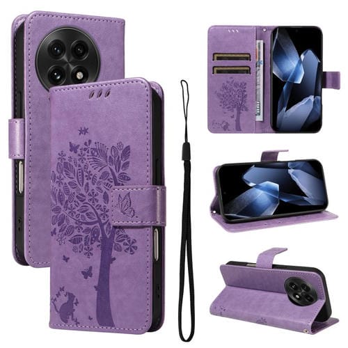 Funda de Cuero con Tapa para OnePlus 13 con Patrón En Relieve de Árbol y Gato (Morado Claro)