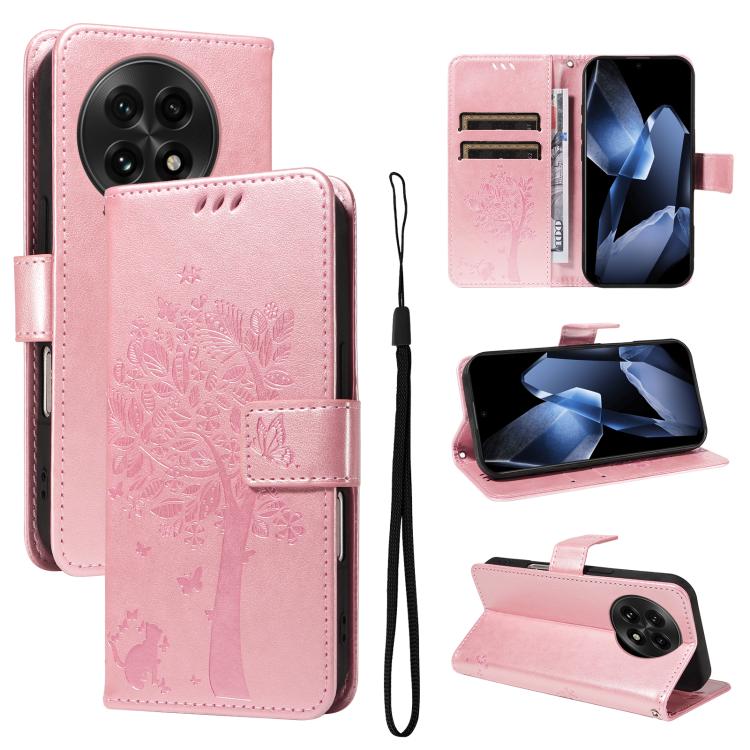 Funda de Cuero con Tapa para OnePlus 13 con Diseño de Árbol y Gato en Relieve (Oro Rosa)